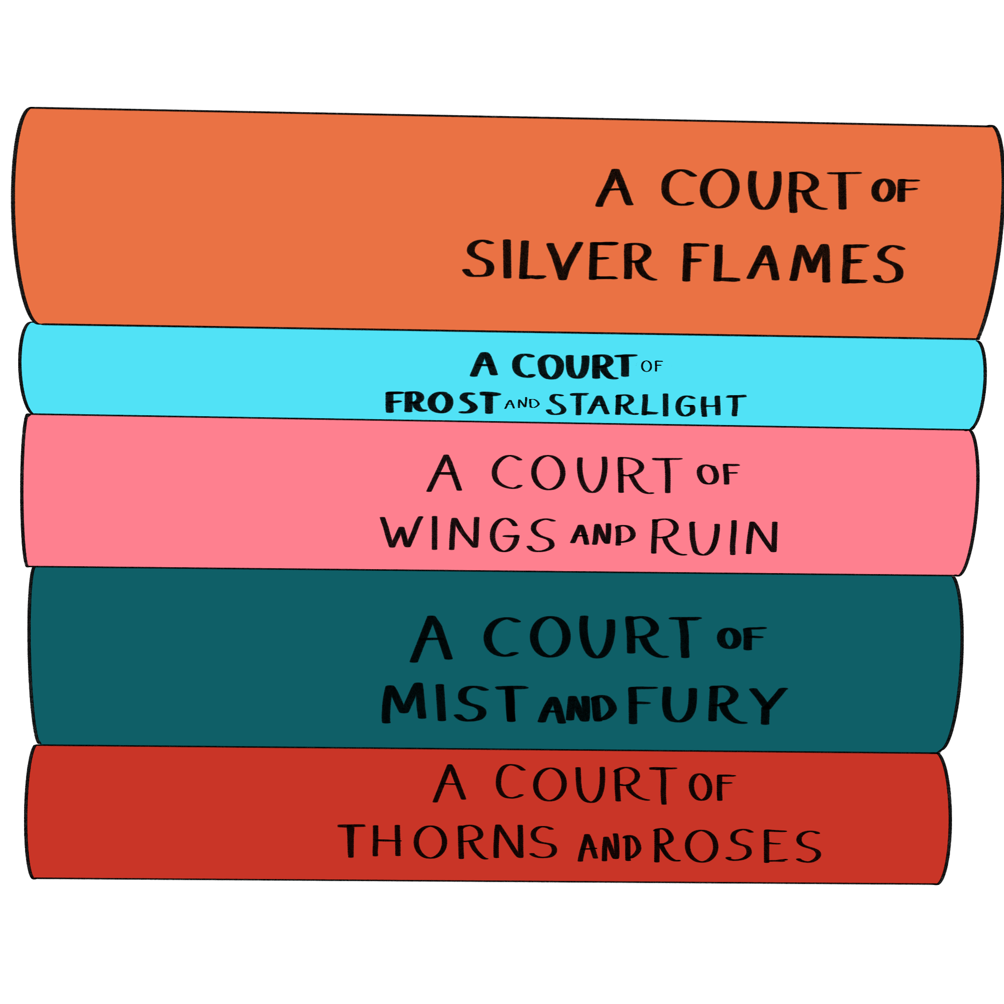  A group of 5 books stacked horizontally with just the spines visible. The books are of various sizes and colors. On the bottom is a thin red book with the words A Court Of Thorns And Roses written on the spine. The second one up from the bottom is a thick dark teal book with the words A Court Of Mist And Fury written on the spine. The third one up from the bottom is a medium thickness pink book with the words written A Court Of Wings And Ruin on the spine. The fourth one up from the bottom is a very thin sky blue book with the words A Court Of Frost And Starlight on the spine. The final book on the top is a very very thick orange book with the words A Court Of Silver Flames on the spine.